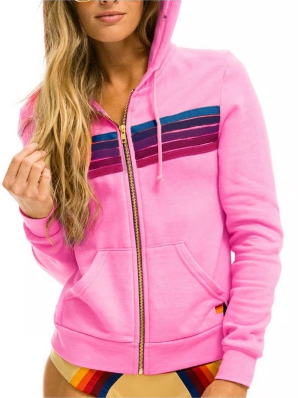 Aviator Nation 5 Stripe Light Pink Zip Hoodie Pockets Size S